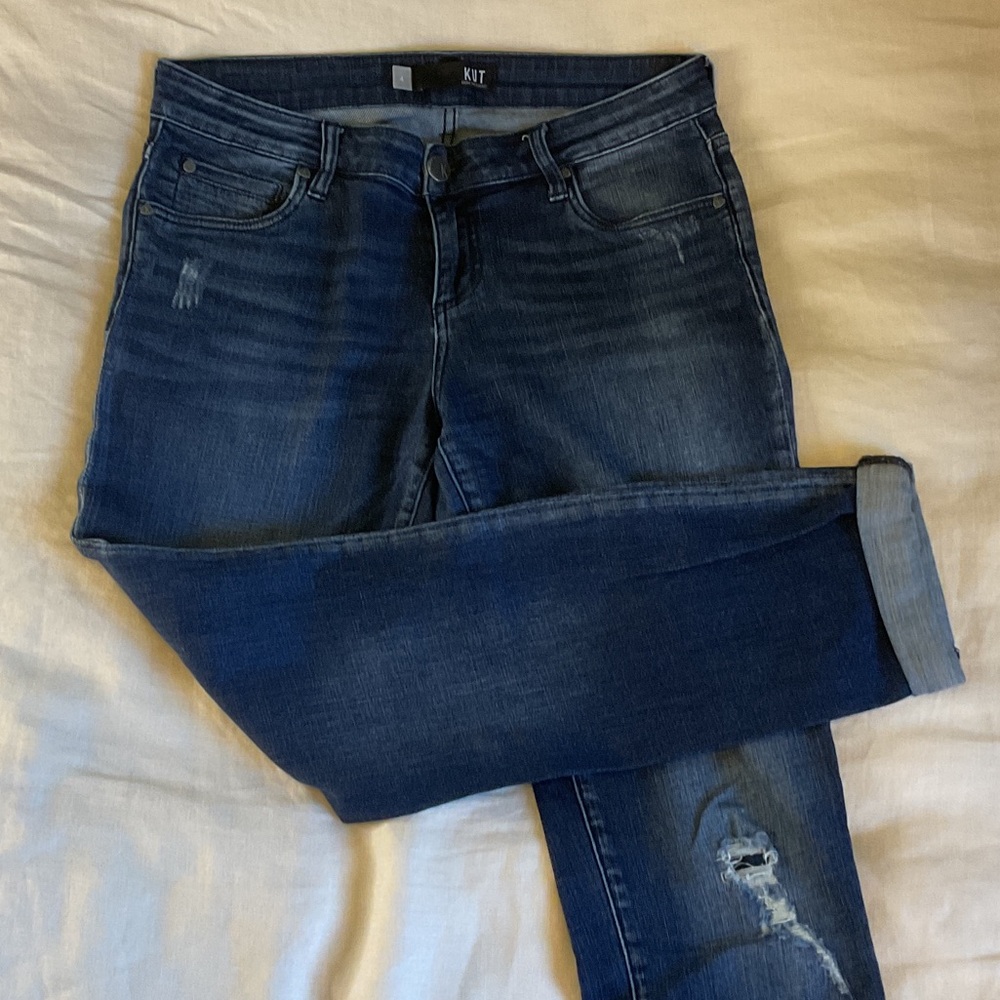 Kut from the Kloth Dark Blue Boyfriend Jeans with Distressing